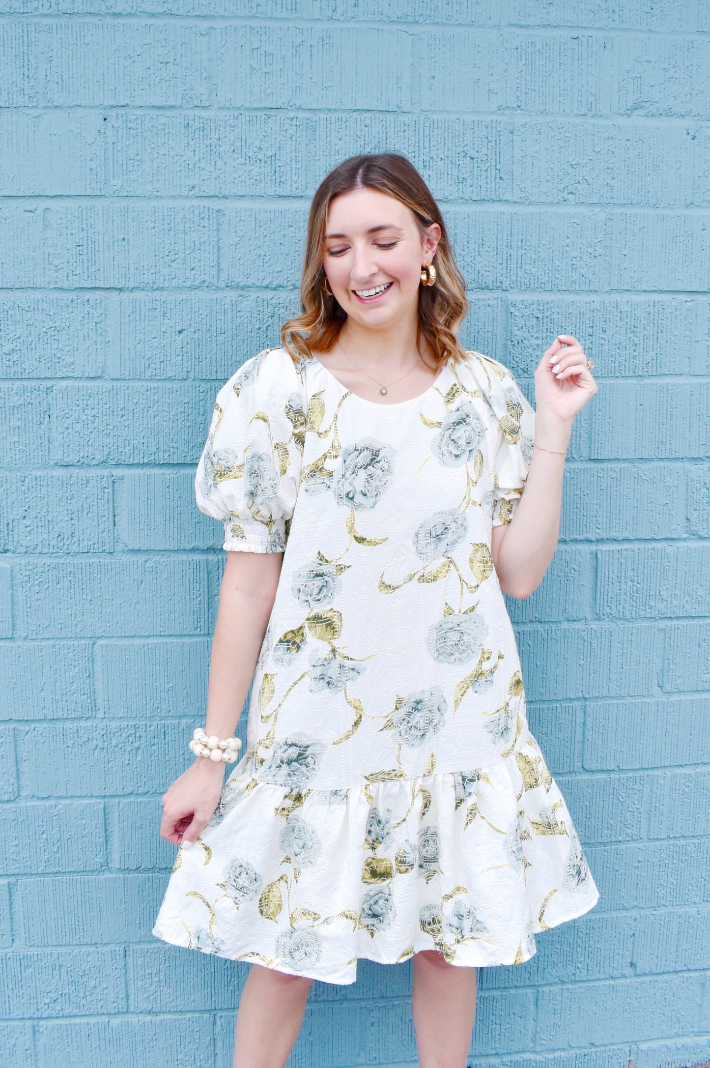 White & Blue Drop Waist Floral Dress