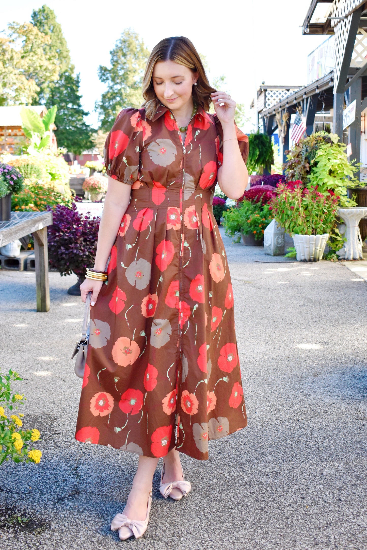 Brown Fall Spice Floral Midi Dress