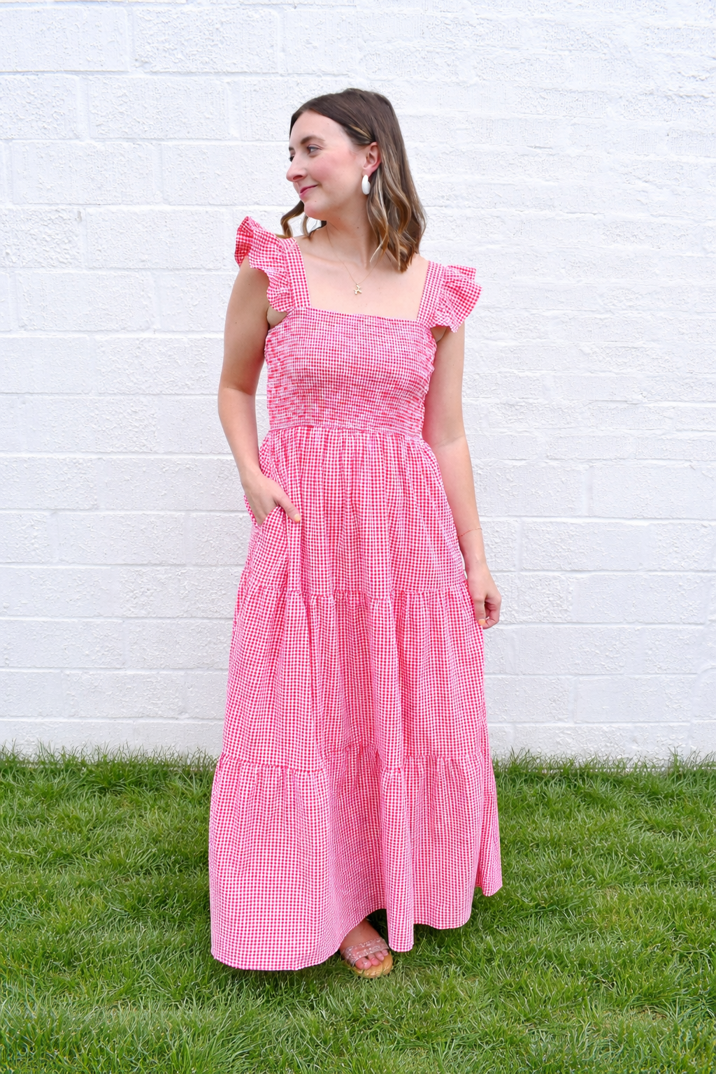 Red Gingham Smocked Ruffle Strap Maxi Dress