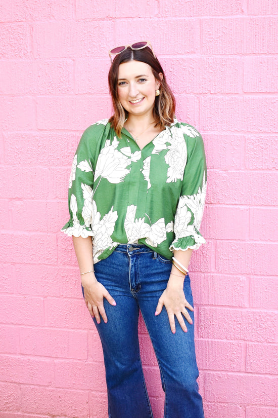 Green Floral Scallop Trim Blouse
