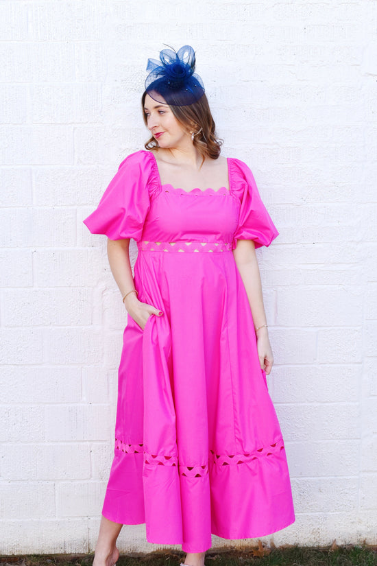 Hot Pink Puff Sleeve Scallop Trim Midi Dress