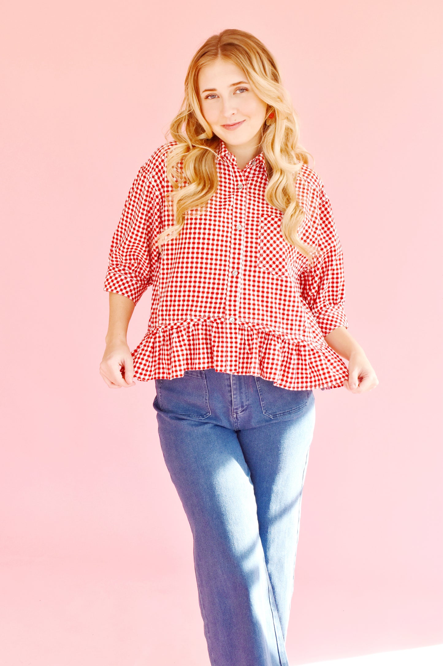 Red Gingham Button Down Ruffle Hem Top