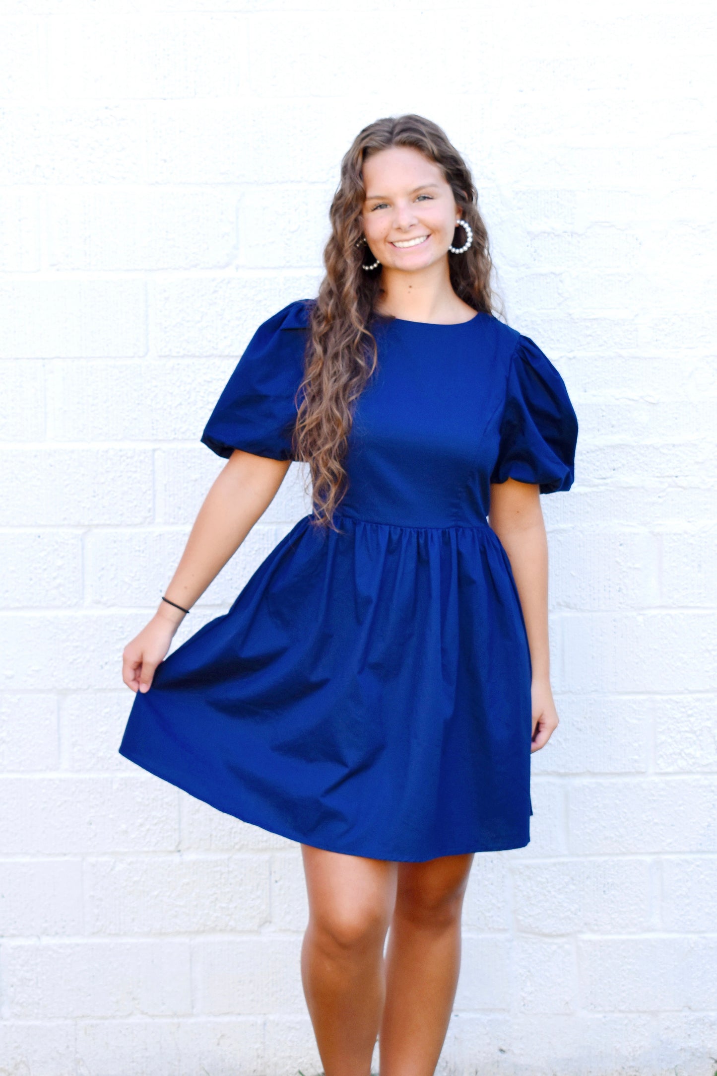 Navy Bubble Sleeve Dress White Bow Back