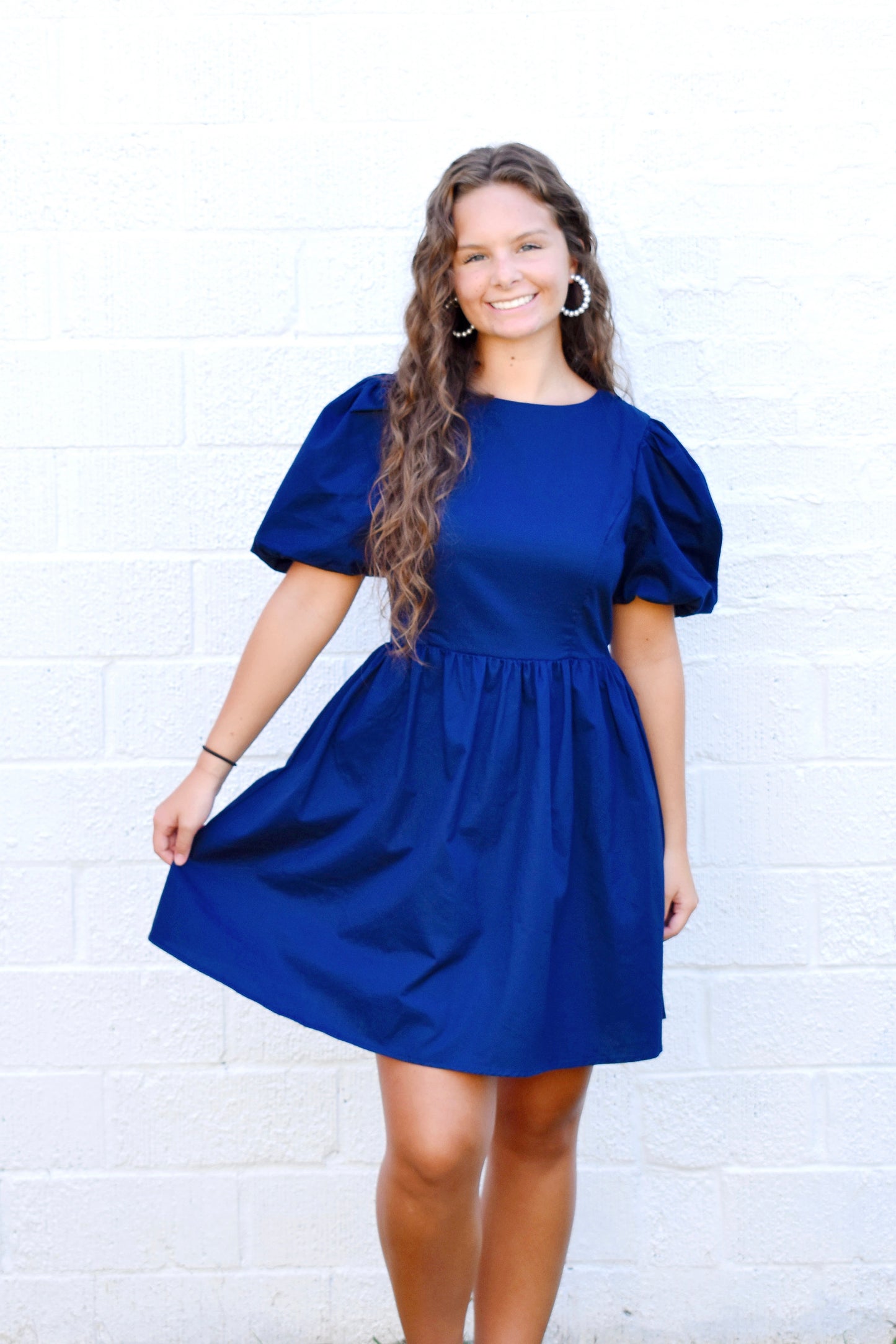 Navy Bubble Sleeve Dress White Bow Back Confetti Boutique Navy Bubble Sleeve Dress White Bow Back Confetti Boutique