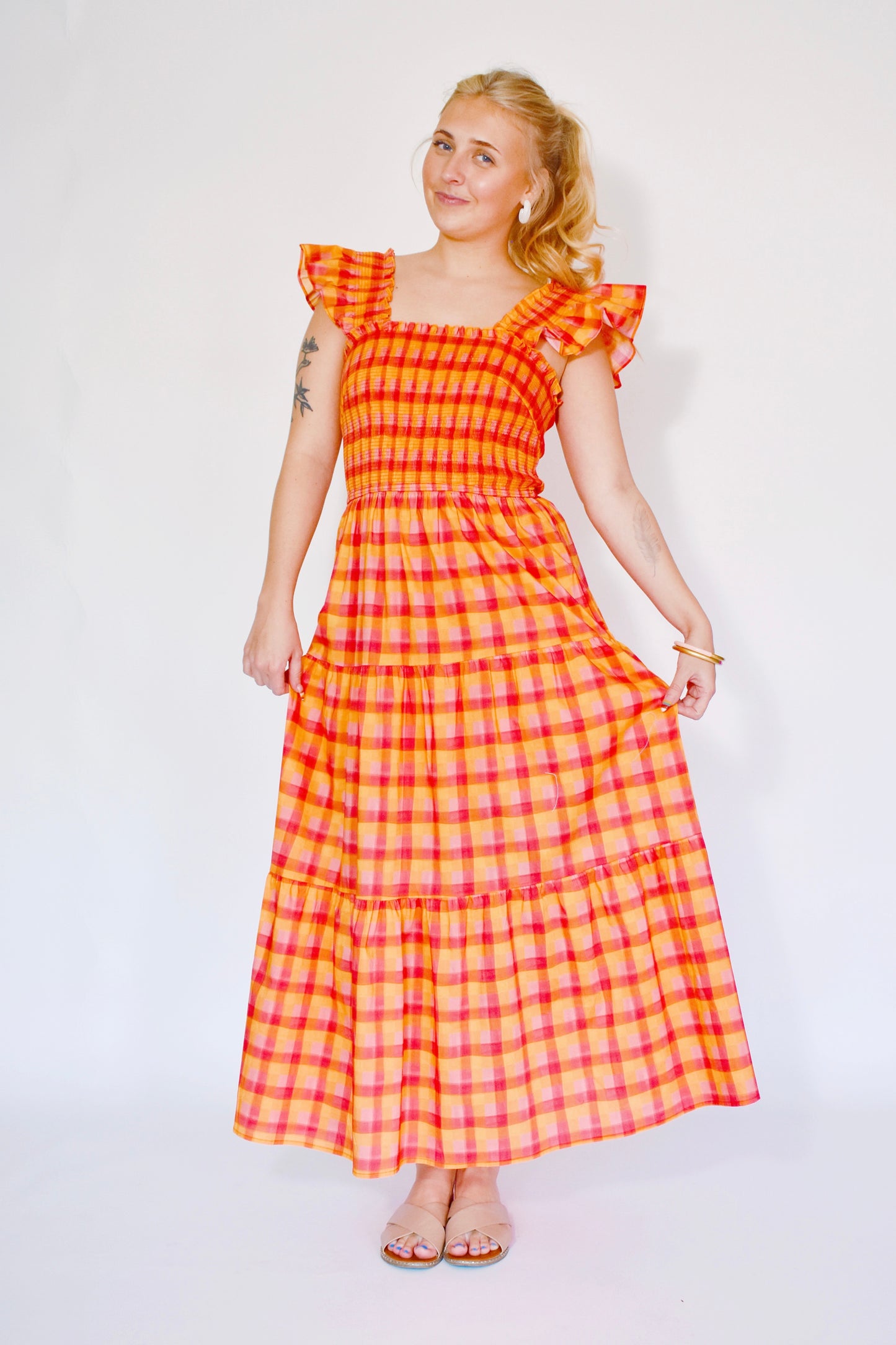 Tangerine Plaid Midi Dress