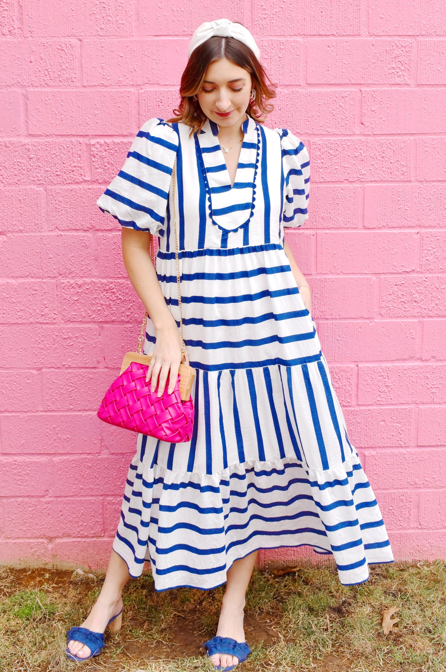 Mixed Navy Striped Puff Sleeve Midi Dress