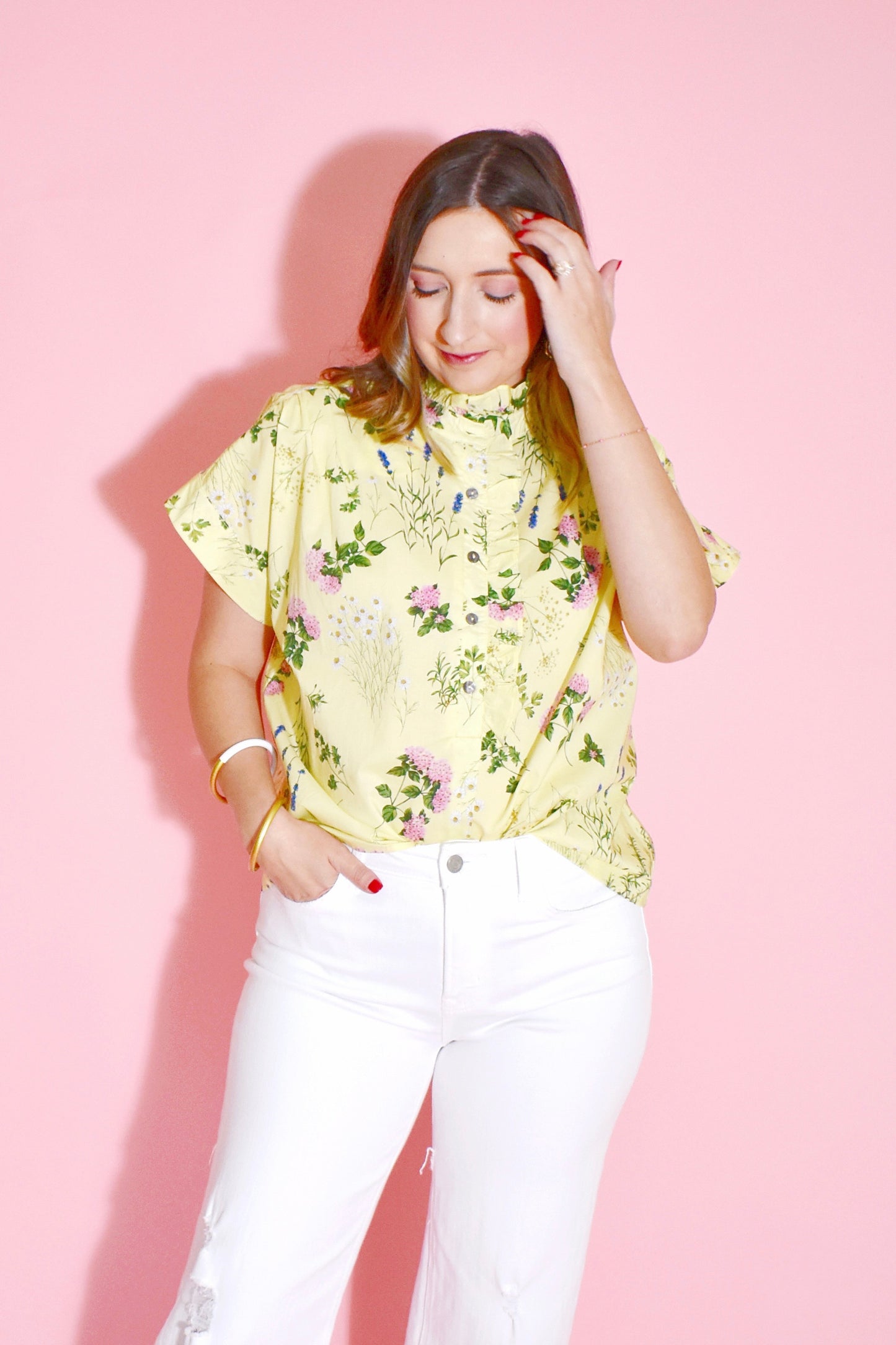 Lemon Yellow Pink Hydrangea Stem Blouse