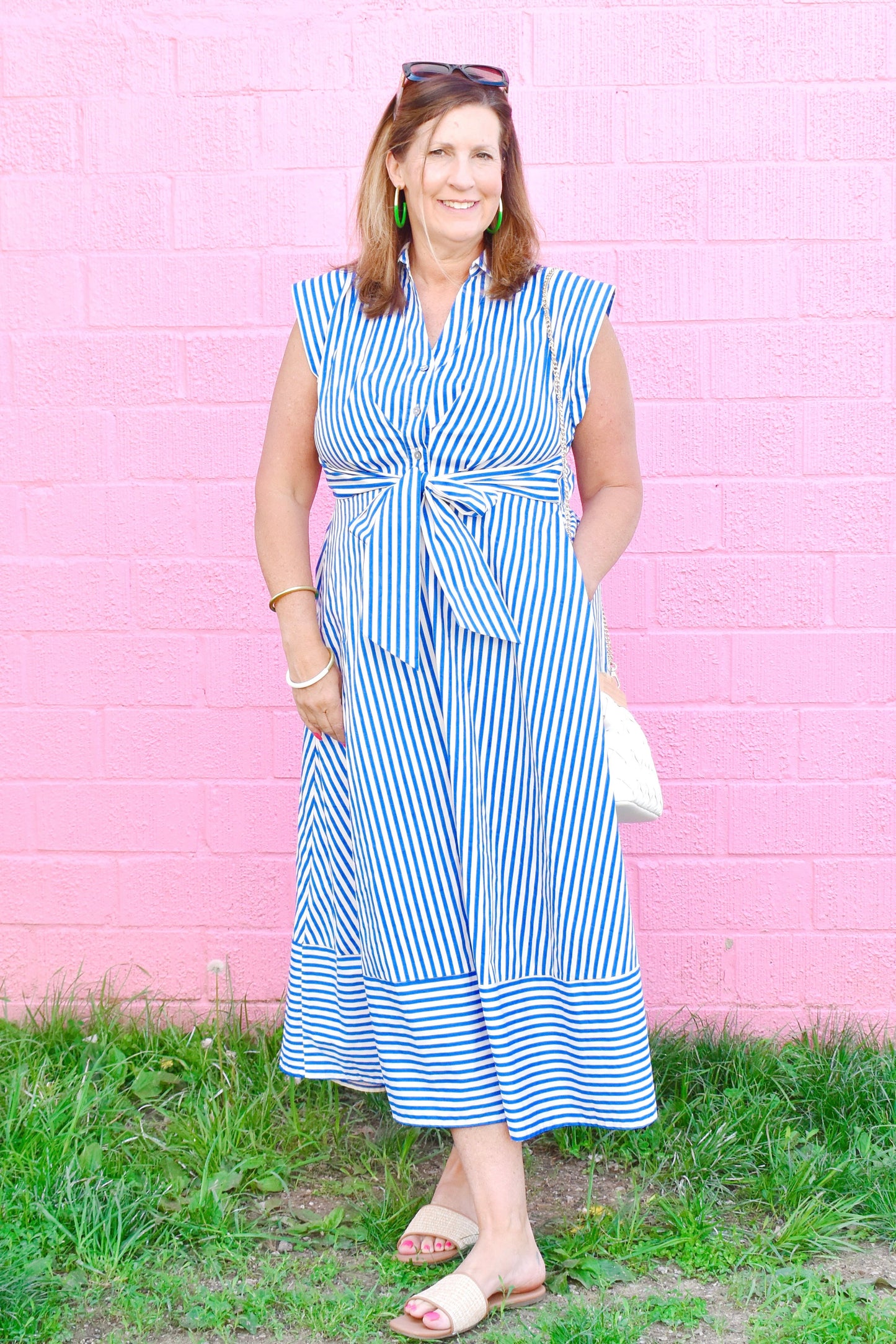 Blue & White Striped Collared Tie Waist Dress