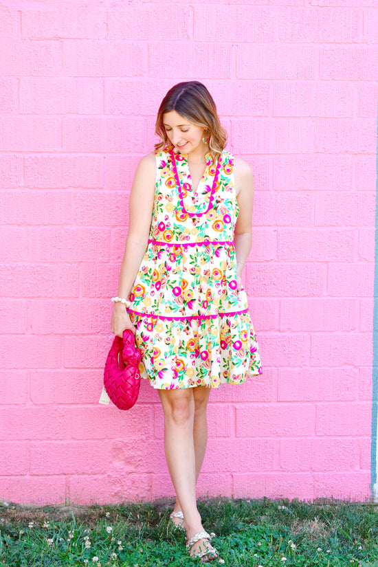 Yellow & Pink Floral Scallop Trim Dress