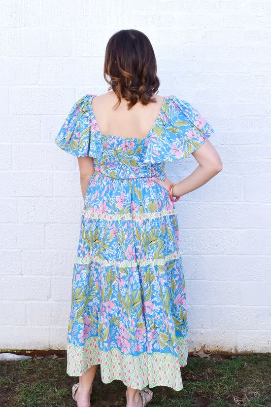 Blue Floral Mixed Print Sweetheart Maxi Dress