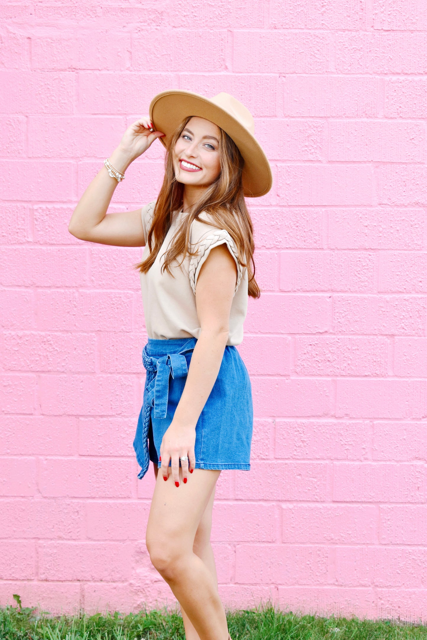 Taupe Braid Detail Cap Sleeve Top