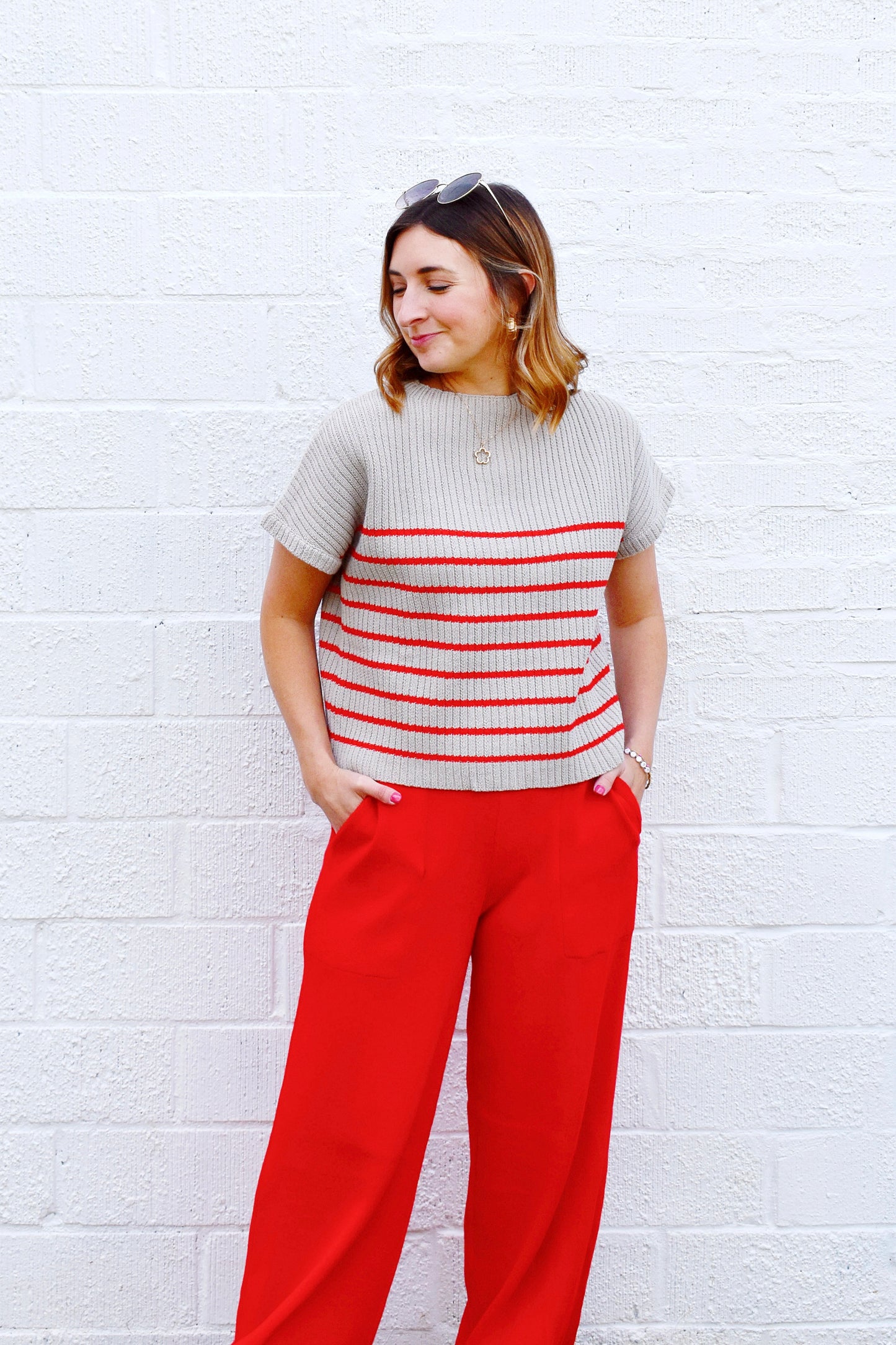 Red & Grey Striped Sweater Top