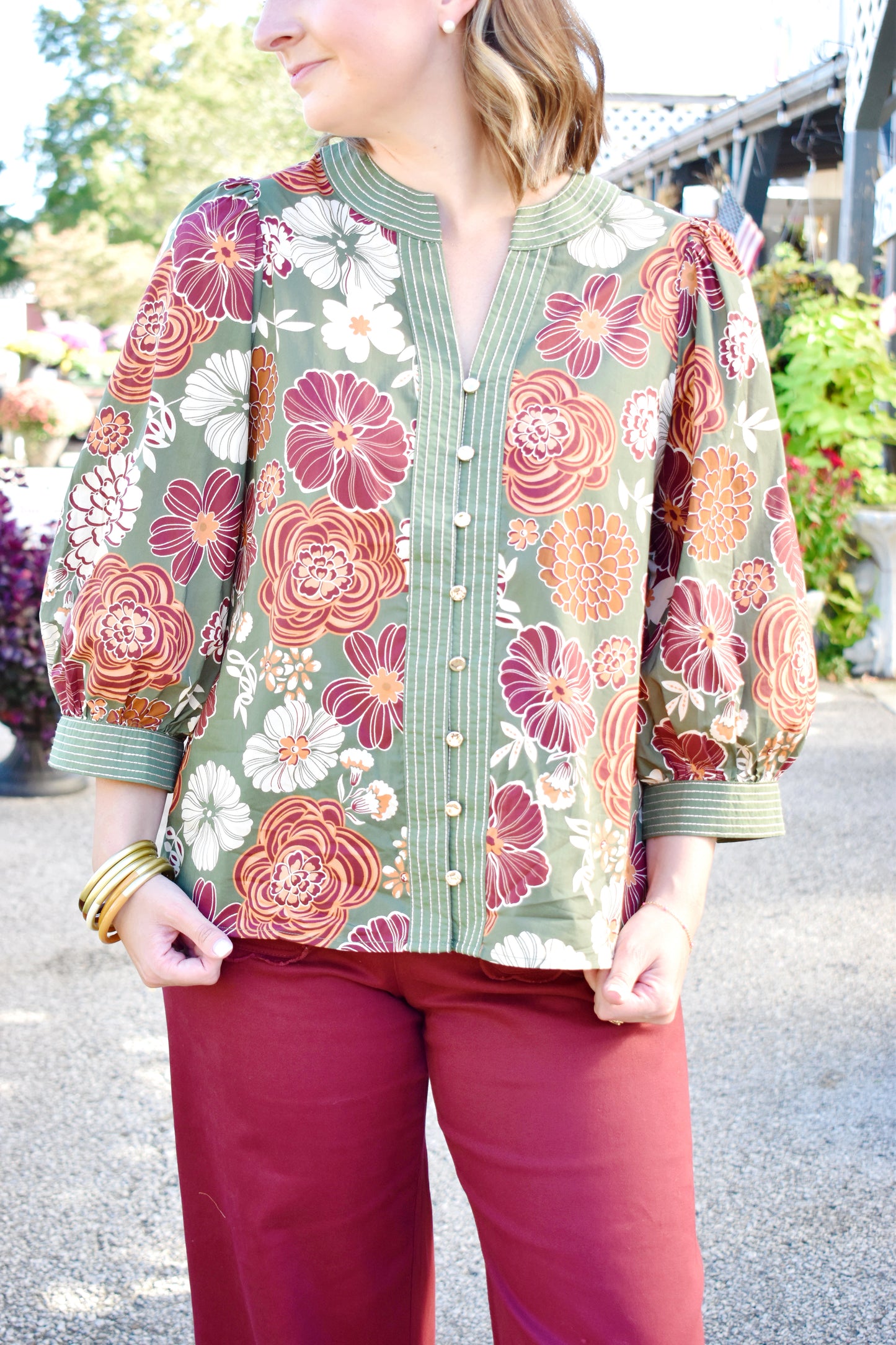 Olive Fall Floral Button Front Blouse