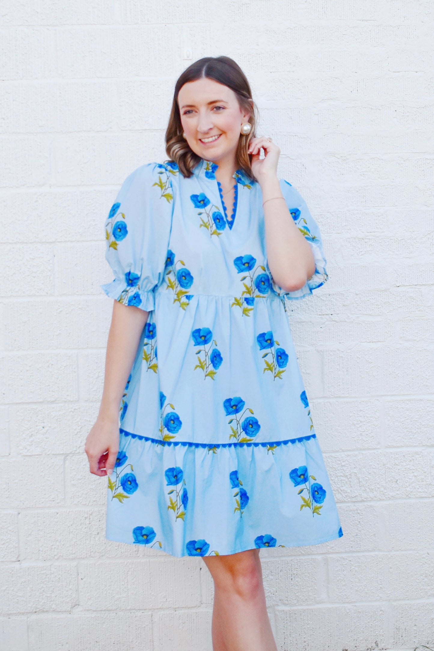 Summer Blues Floral Scallop Detail Trim Mini Dress