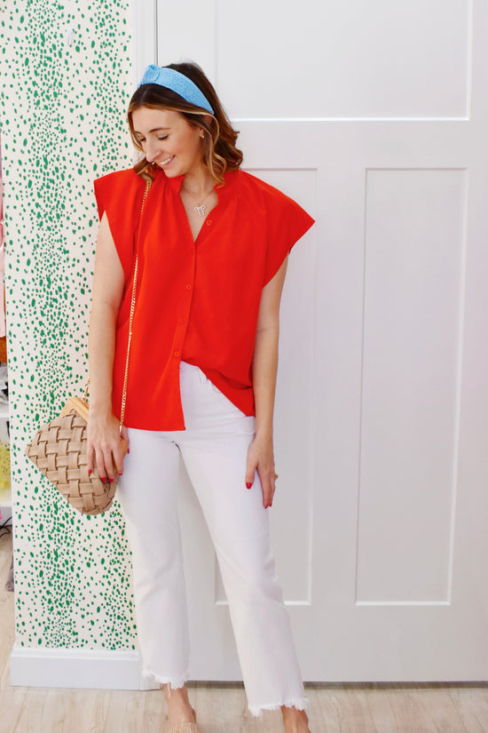 Red Frill Neck Button Down Top