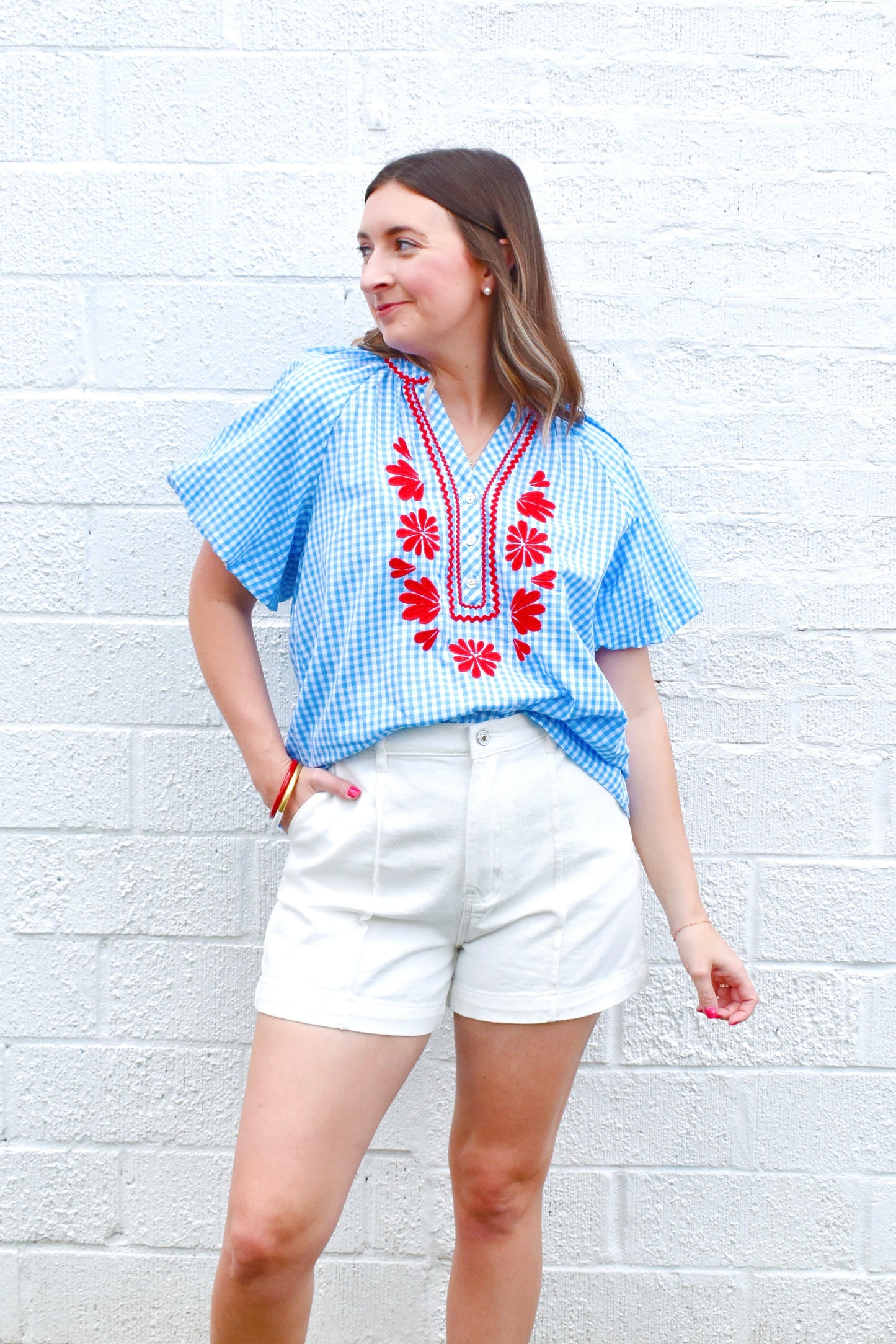 Blue Gingham Red Embroidery Blouse