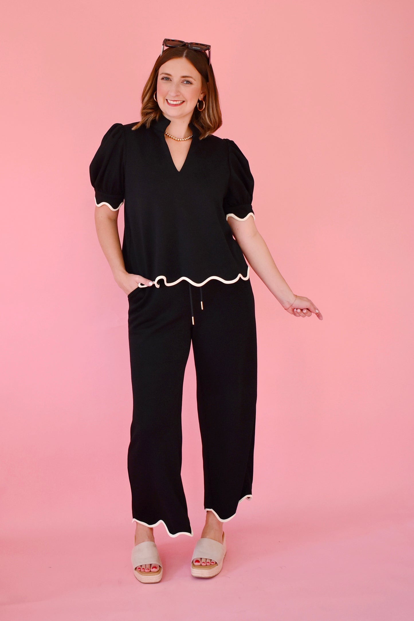 Black Scallop Edge Drawstring Pants