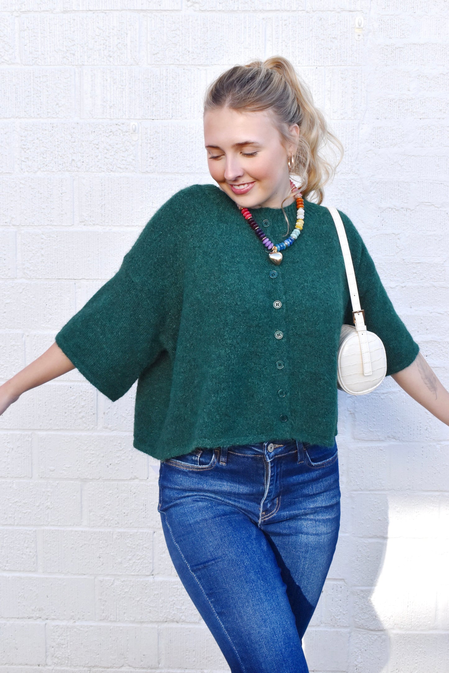 Hunter Green Short Sleeve Button Down Cardigan