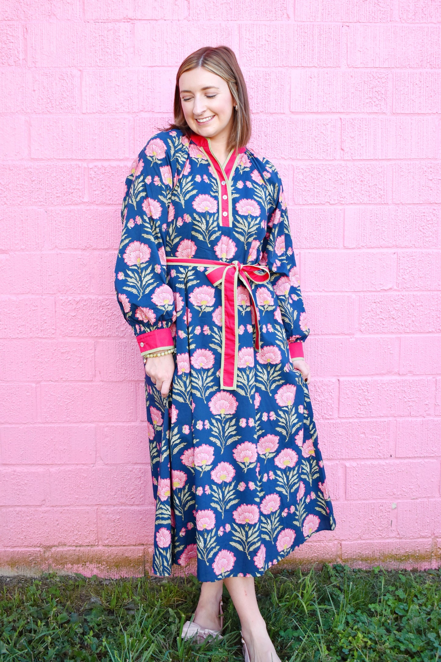 Navy Floral Pink & Green Contrast Midi Dress