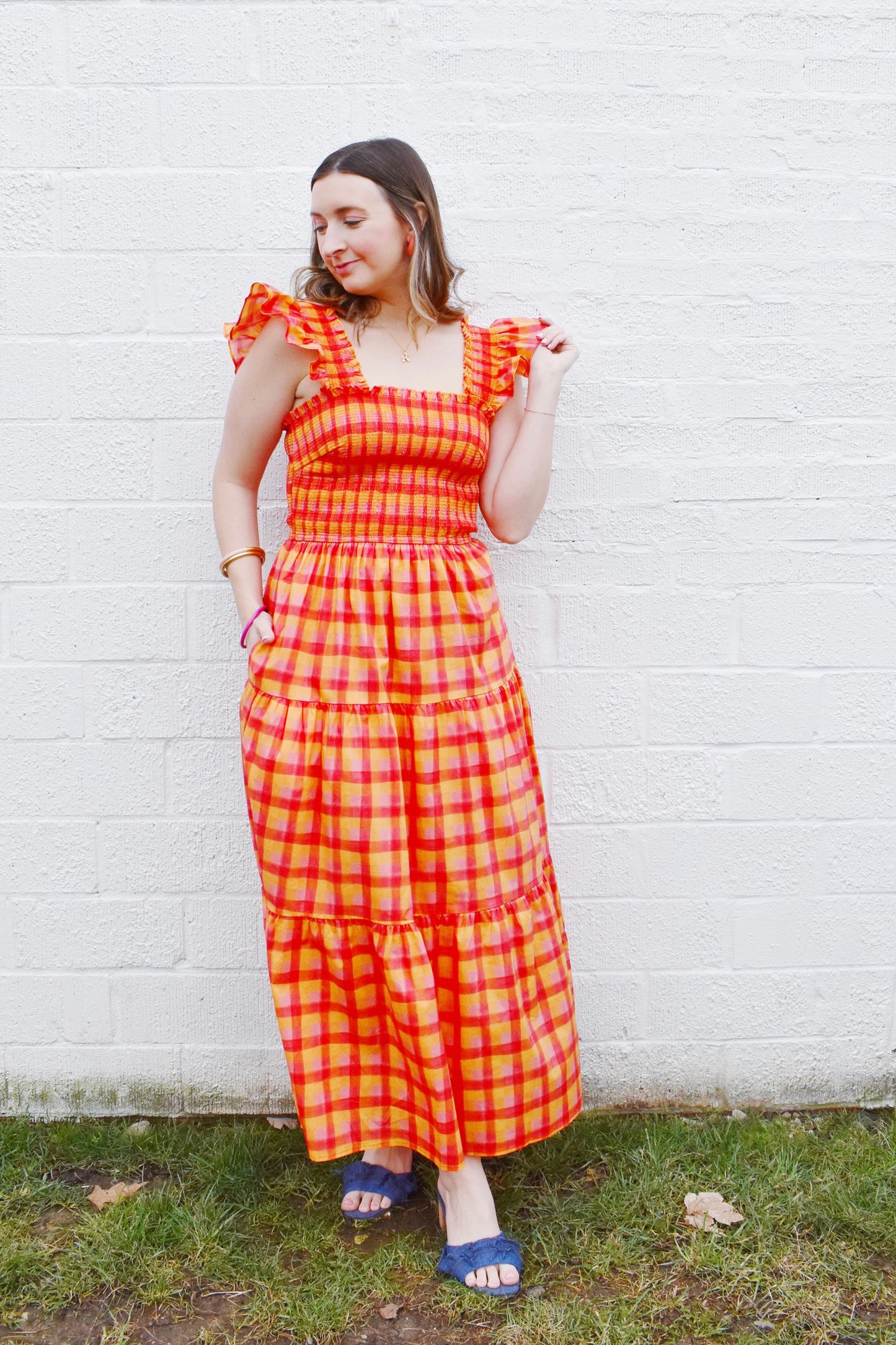 Tangerine Plaid Midi Dress