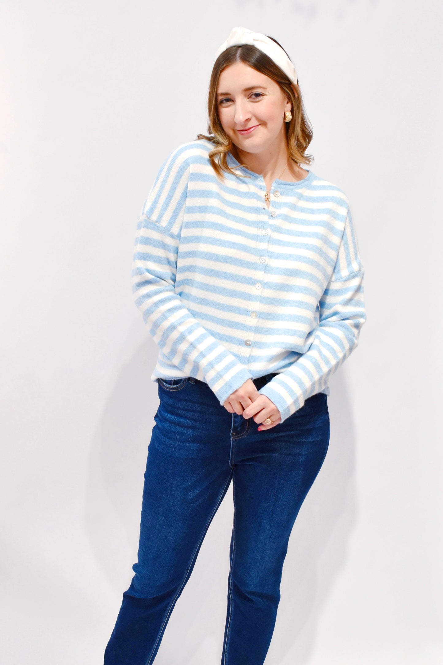 Light Blue Striped Button Down Sweater Cardigan