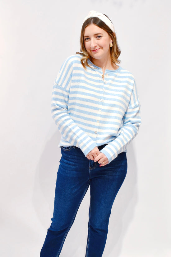 Light Blue Striped Button Down Sweater Cardigan