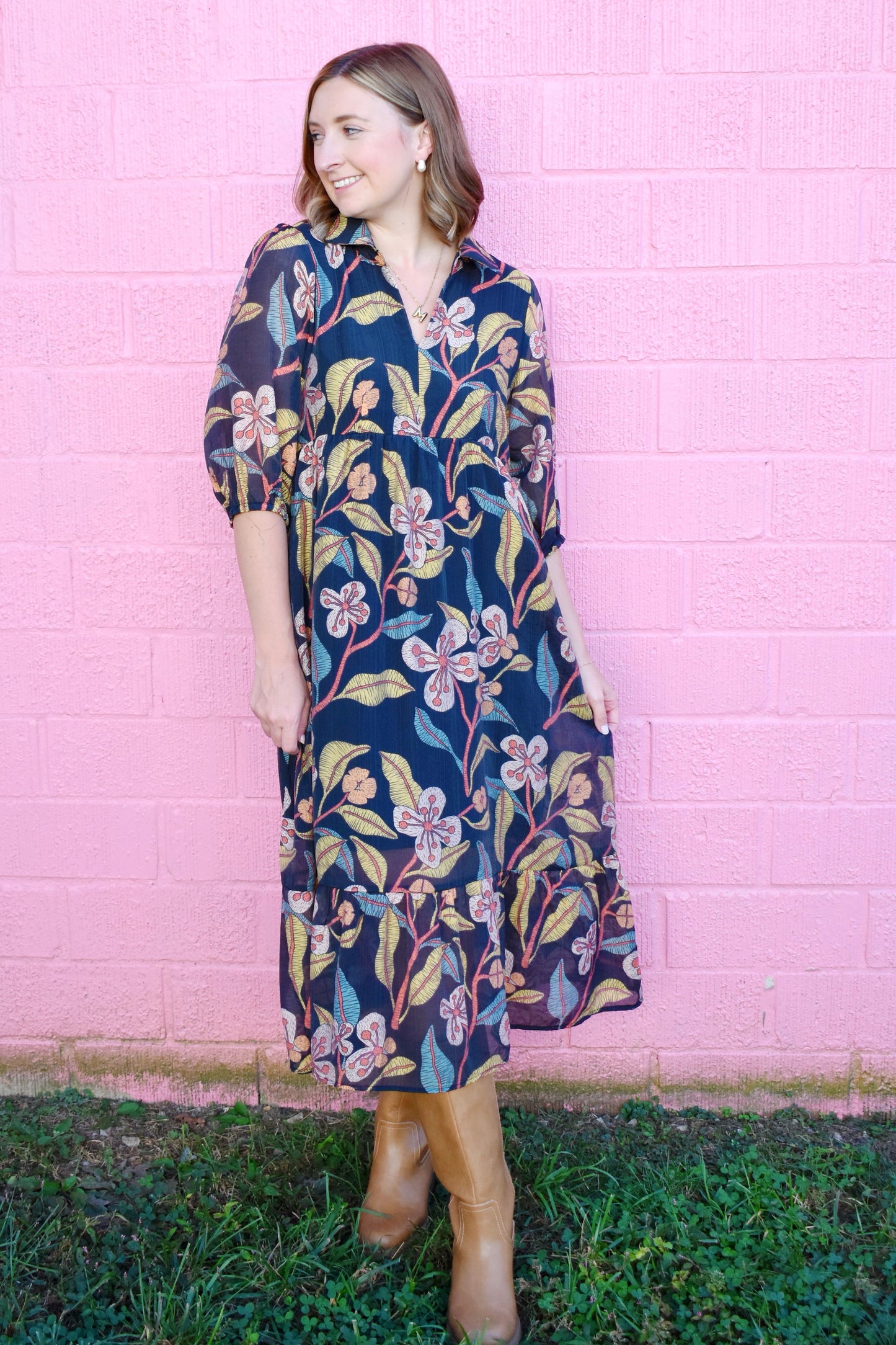 Black Floral Collared Midi Dress