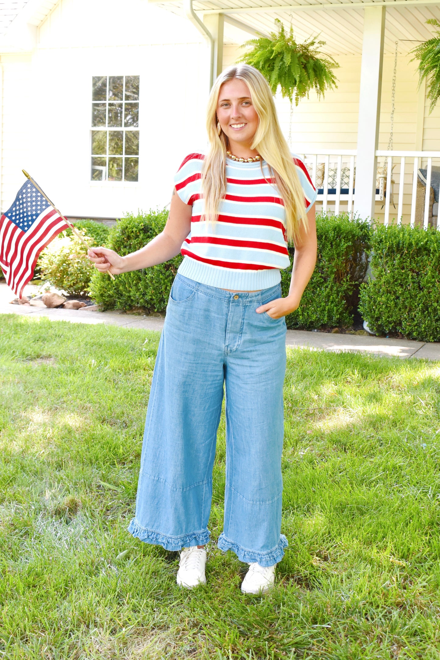Denim Chambray Ruffle Hem Pants