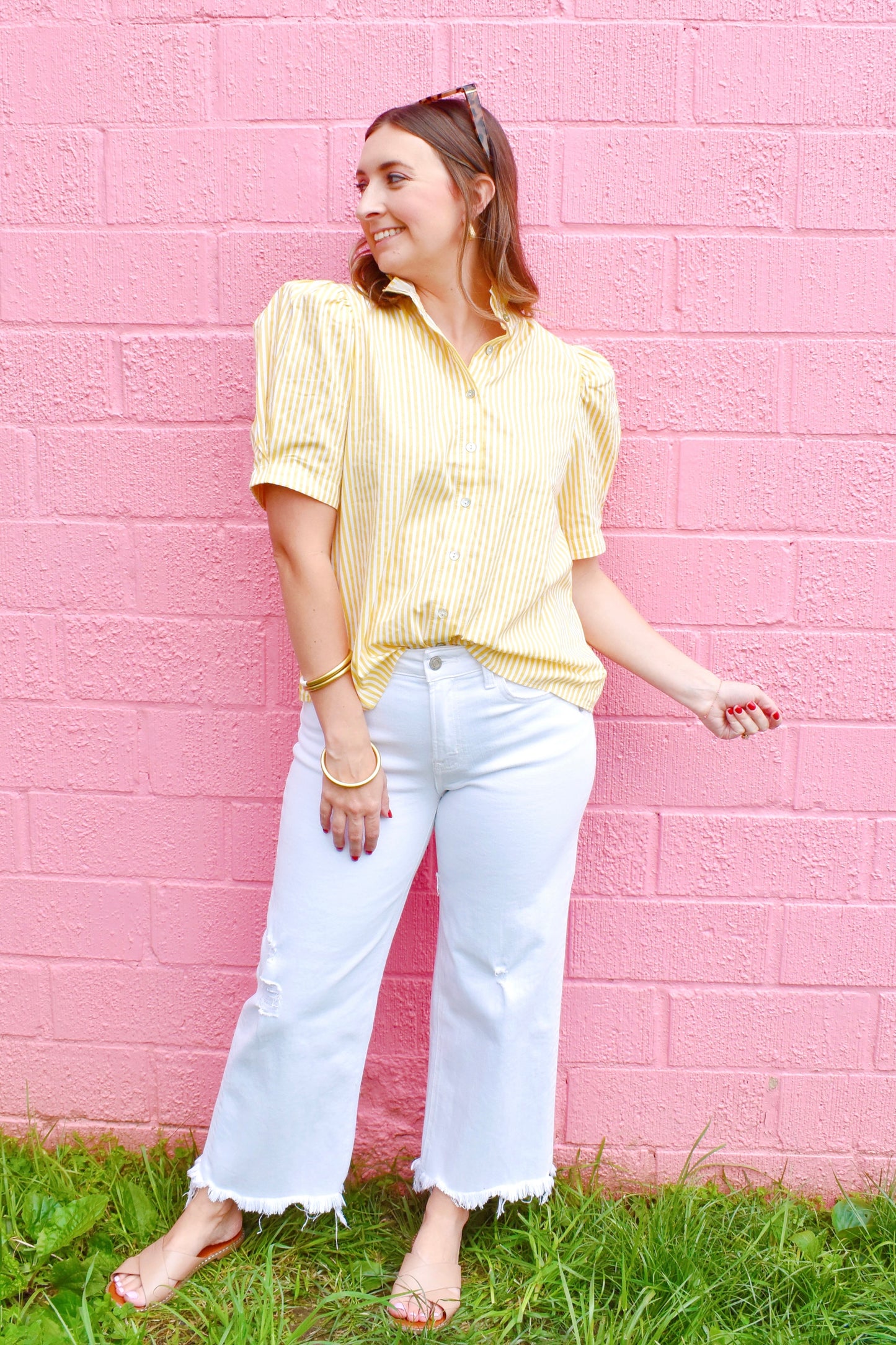 Lemon Striped Button Down Blouse