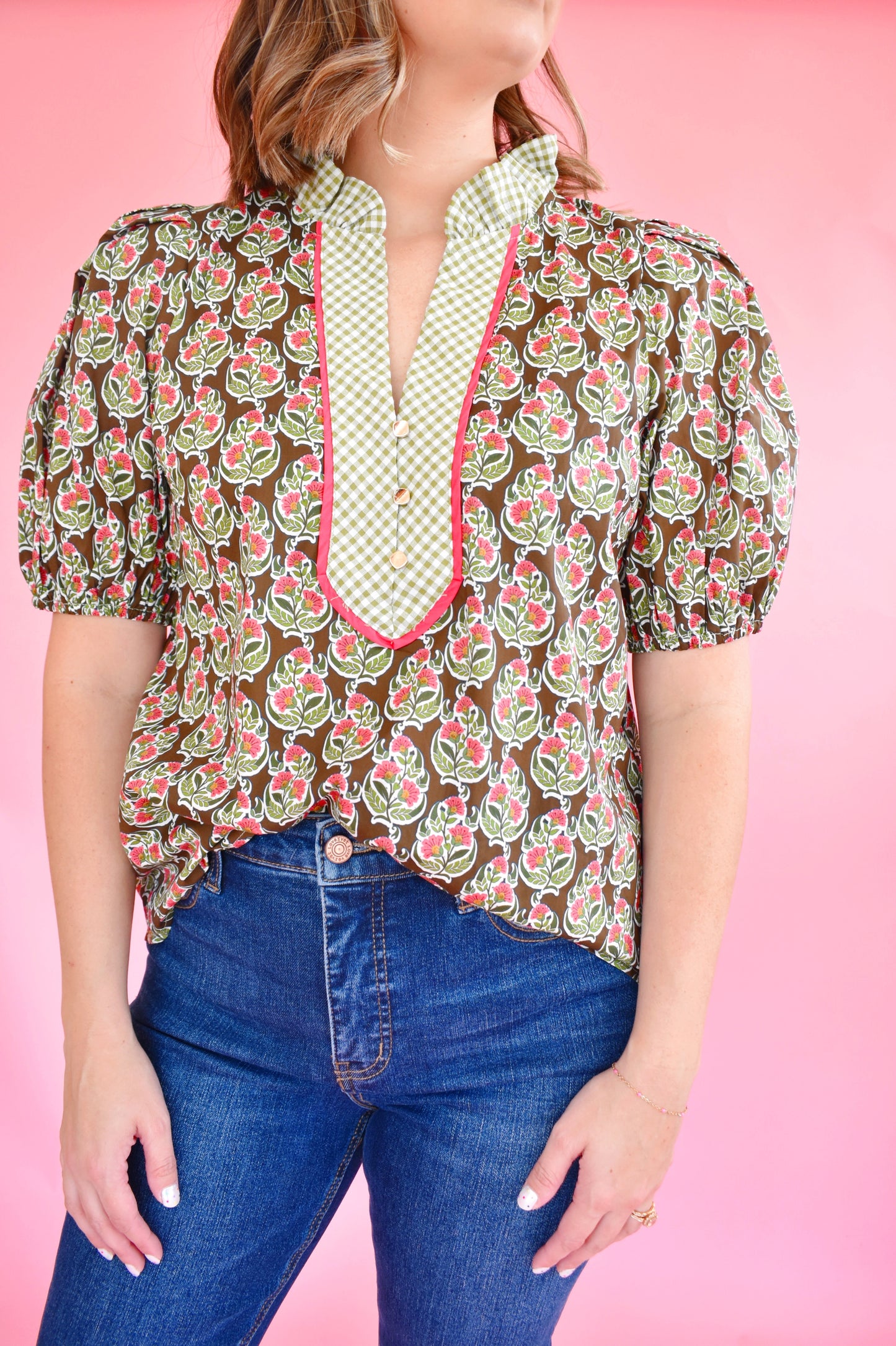 Brown & Pink Floral Green Gingham Contrast Blouse