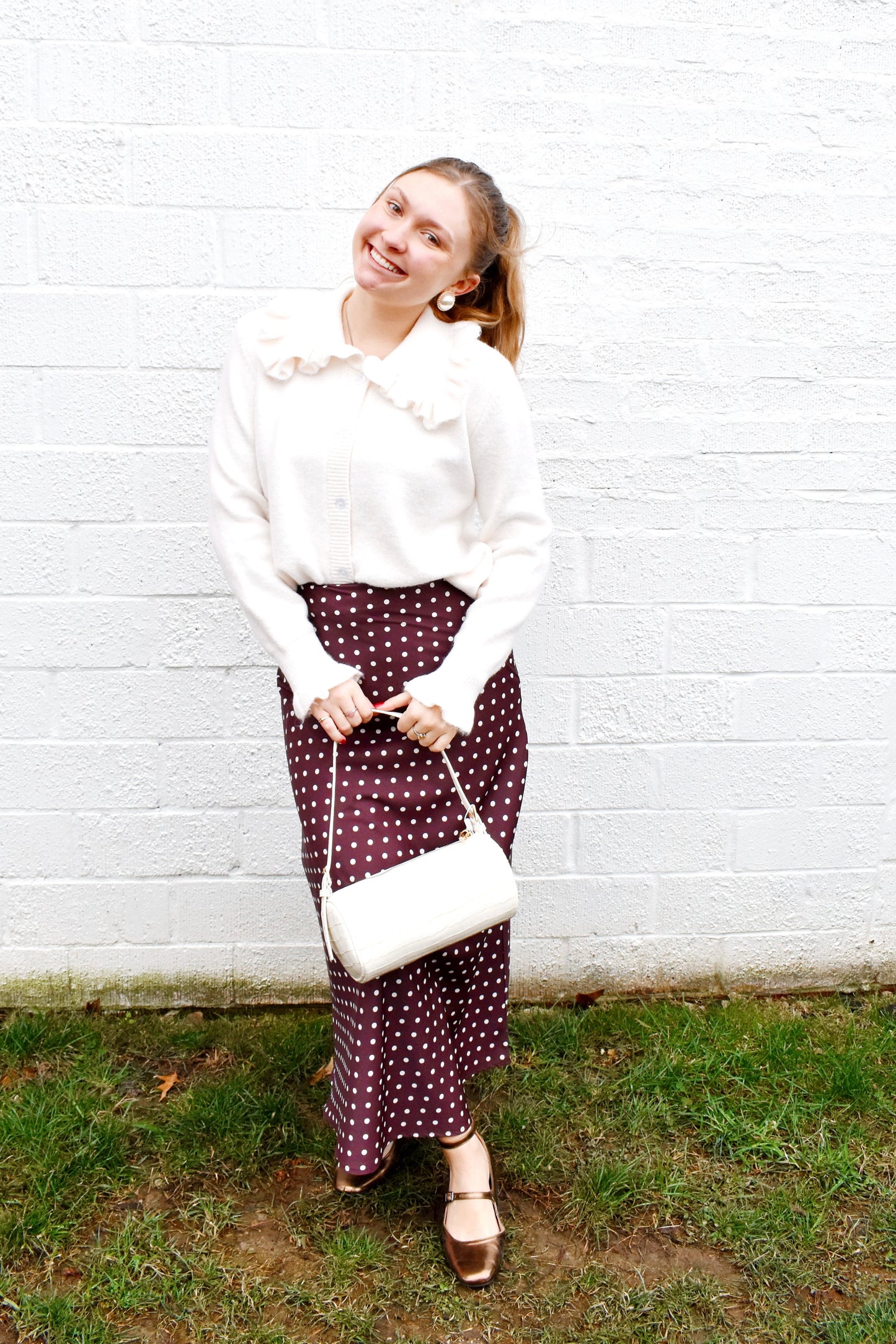 Brown Polka Dot Satin Midi Skirt