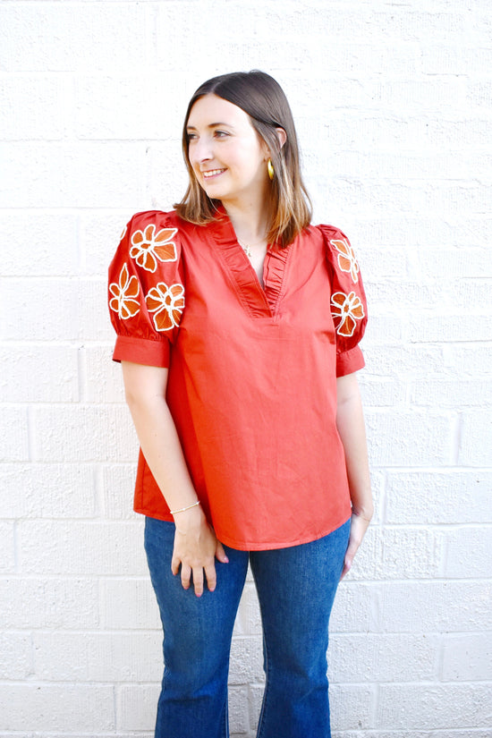 Spice Floral Embroidered Puff Sleeve Blouse