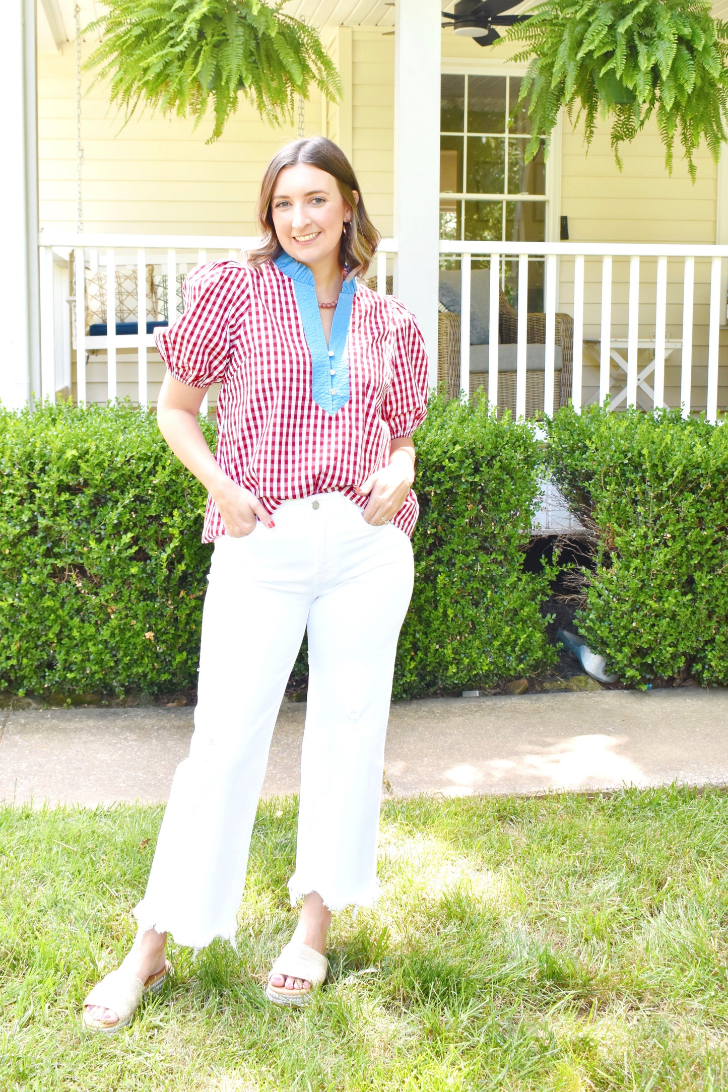 Red Gingham Blue Contrast Blouse