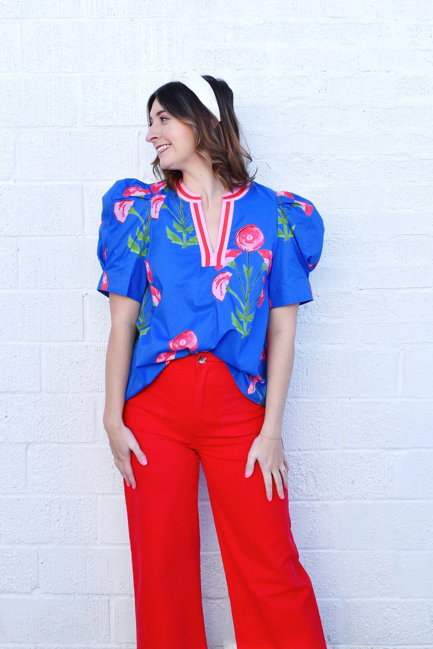 Blue & Pink Floral Color Block Trim Blouse