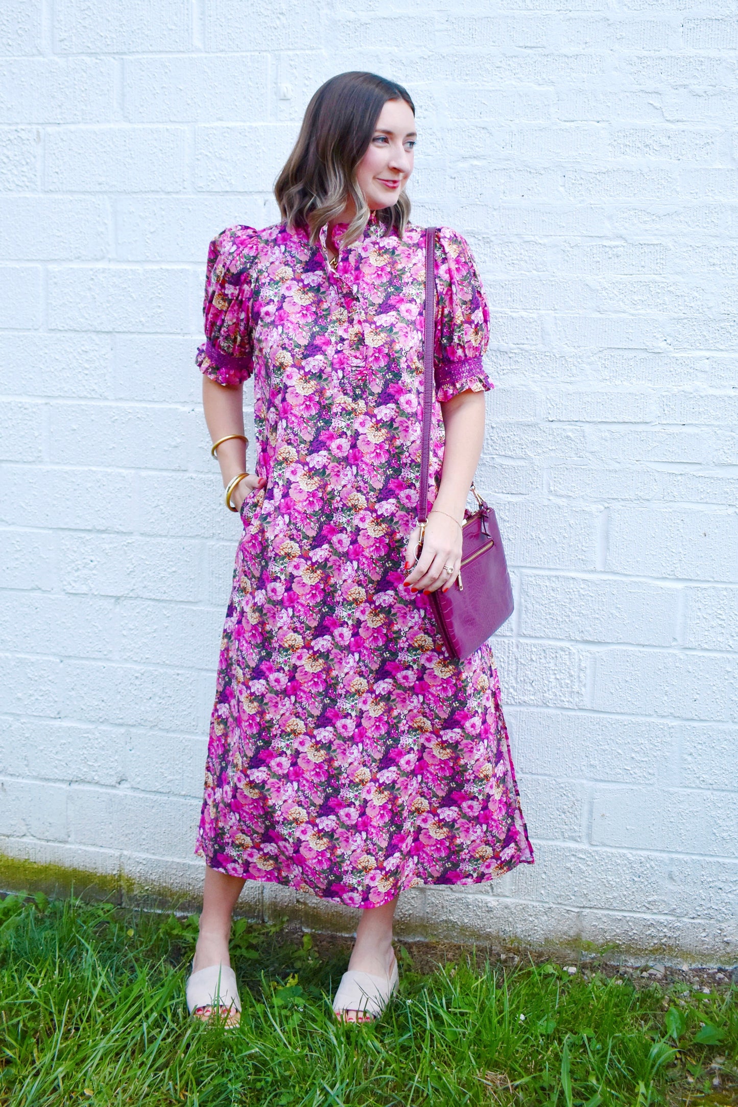 Magenta Floral Ruffle Neck Puff Sleeve Midi Dress