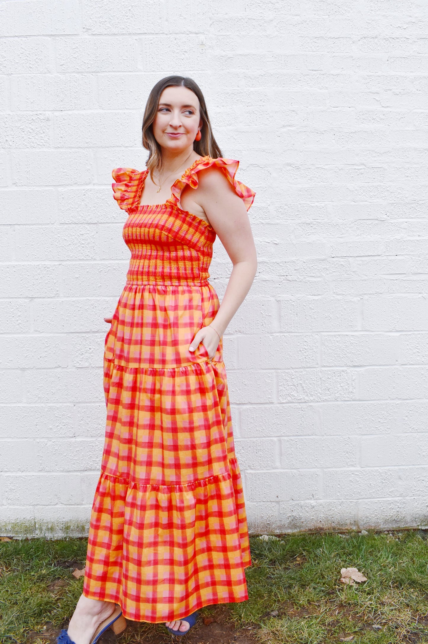 Tangerine Plaid Midi Dress