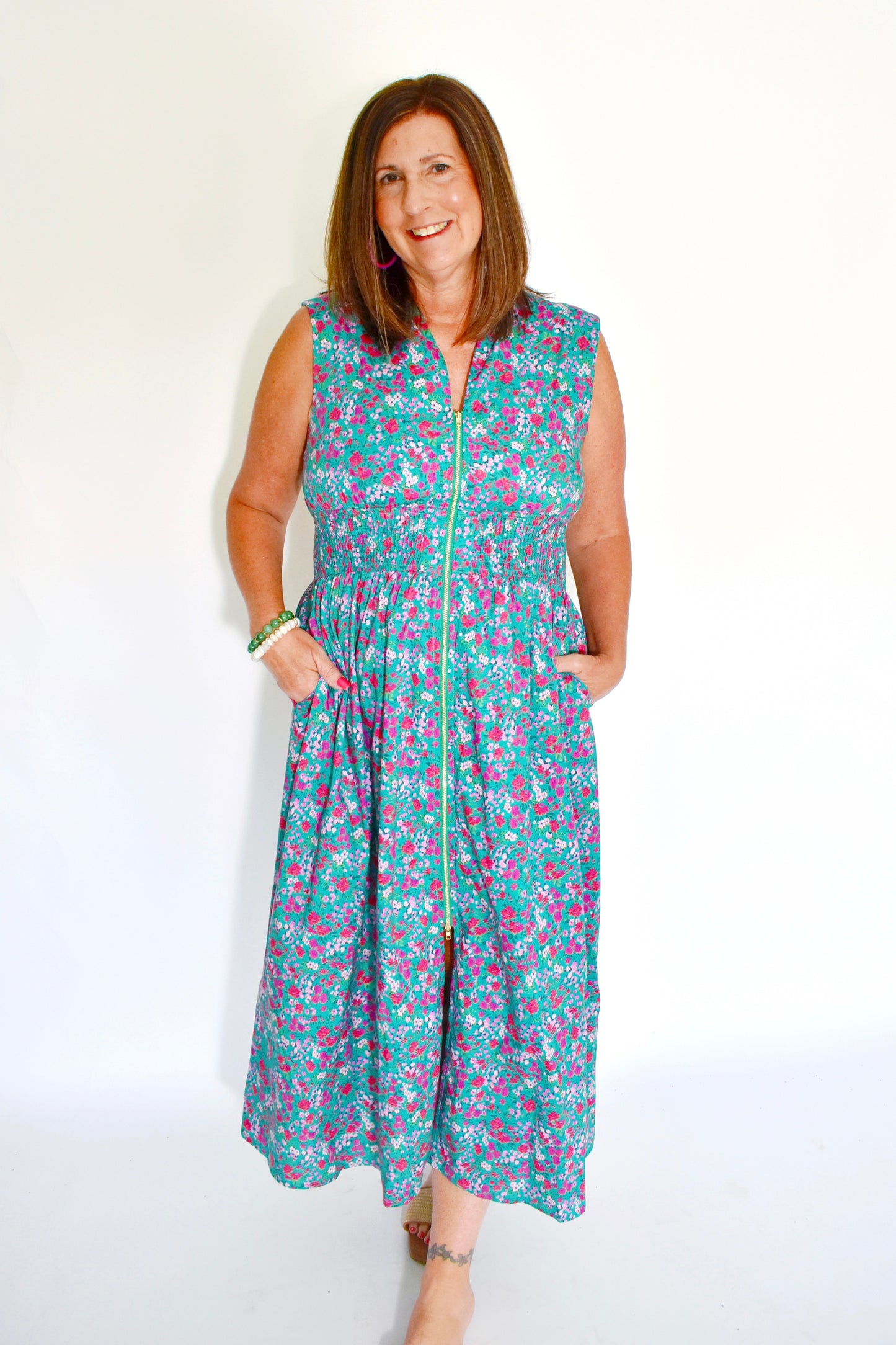 Green Pink Ditsy Floral Zip Midi Dress