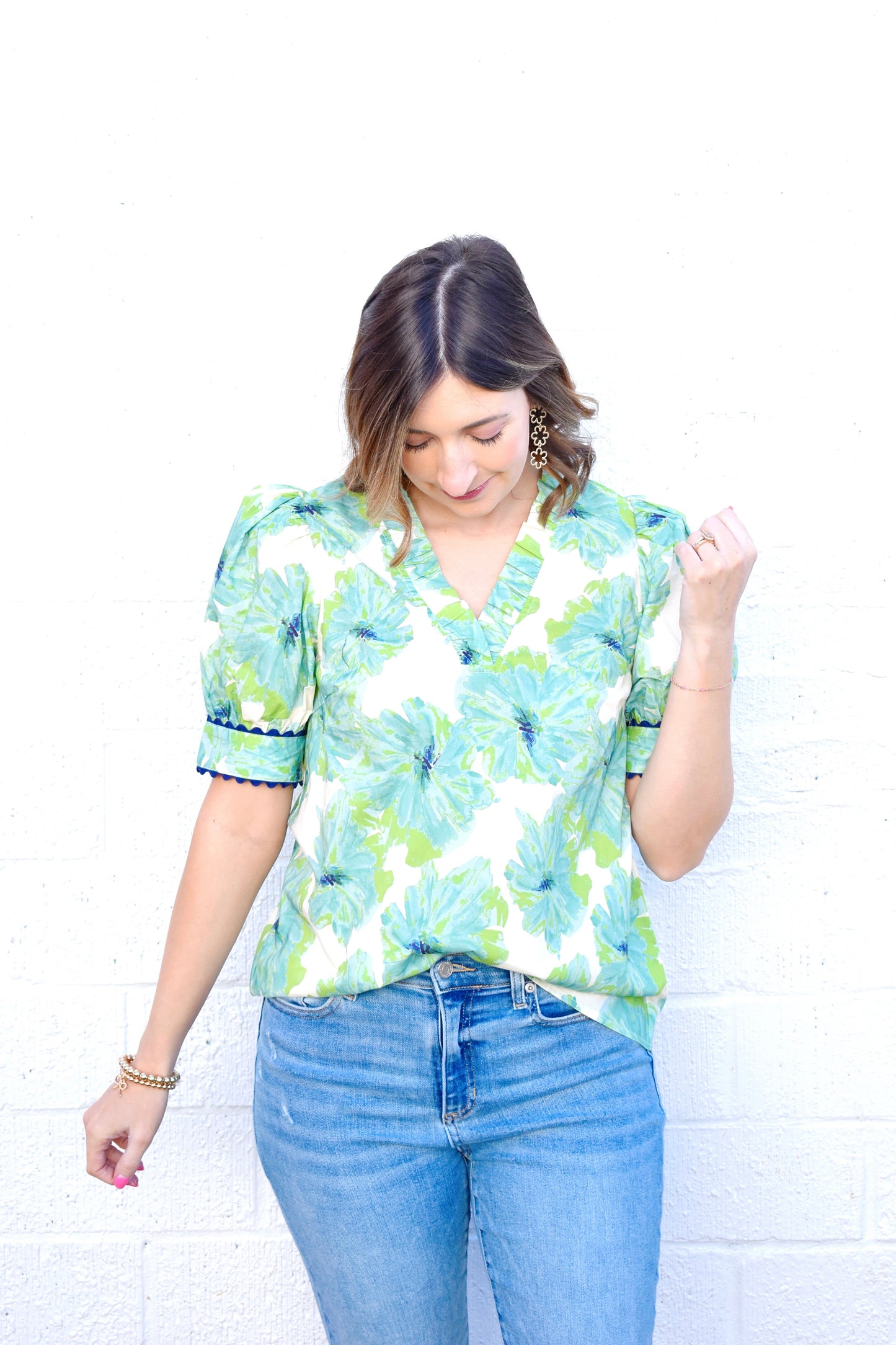 Mint Floral Navy Scallop Trim Blouse