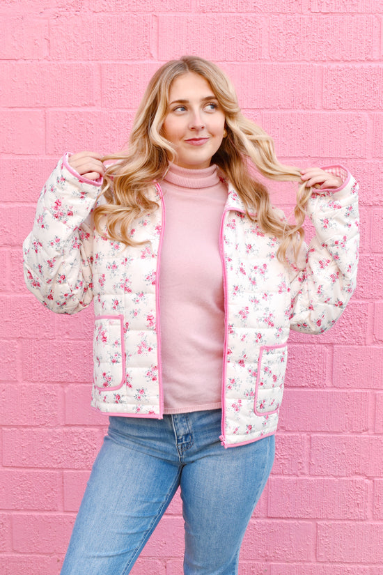 Pink Floral Quilted Zip Up Jacket