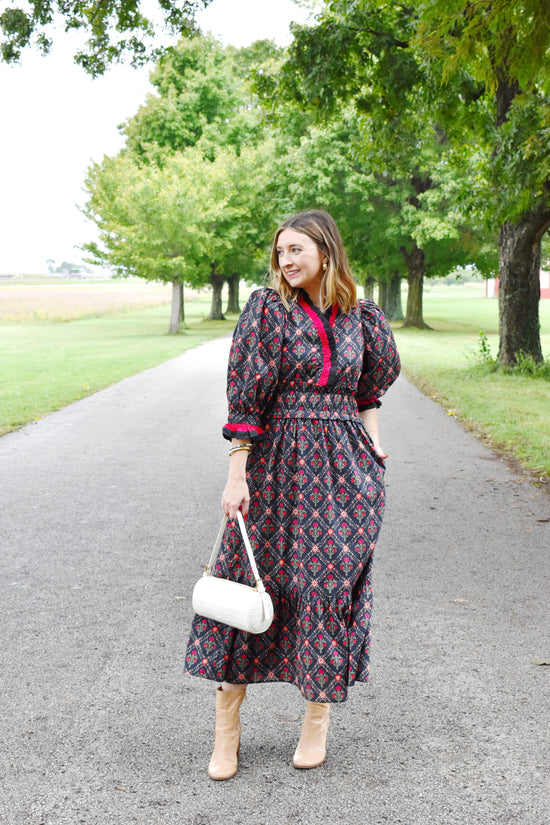 Black Floral Ruffle Neckline Midi Dress