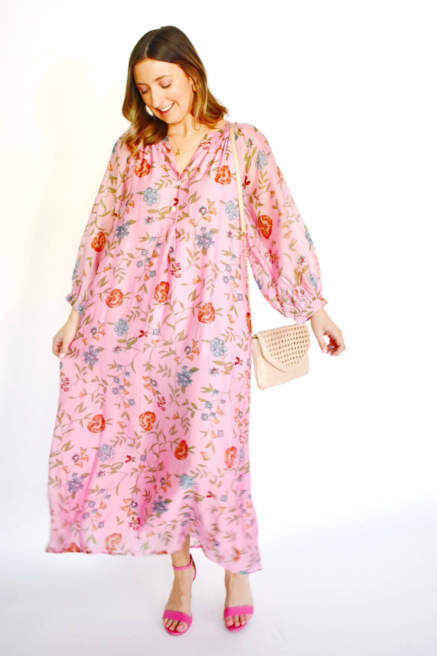 Flowy Soft Pink Floral Midi Dress