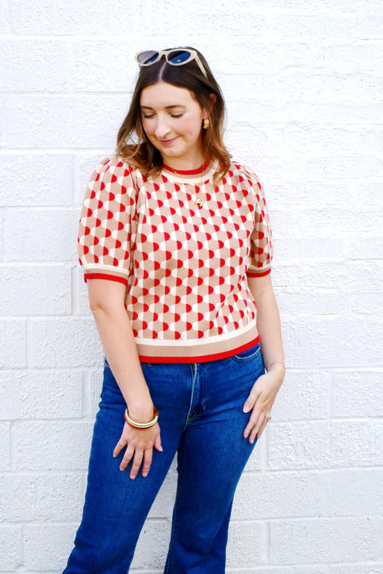 Camel Red Abstract Print Short Sleeve Sweater