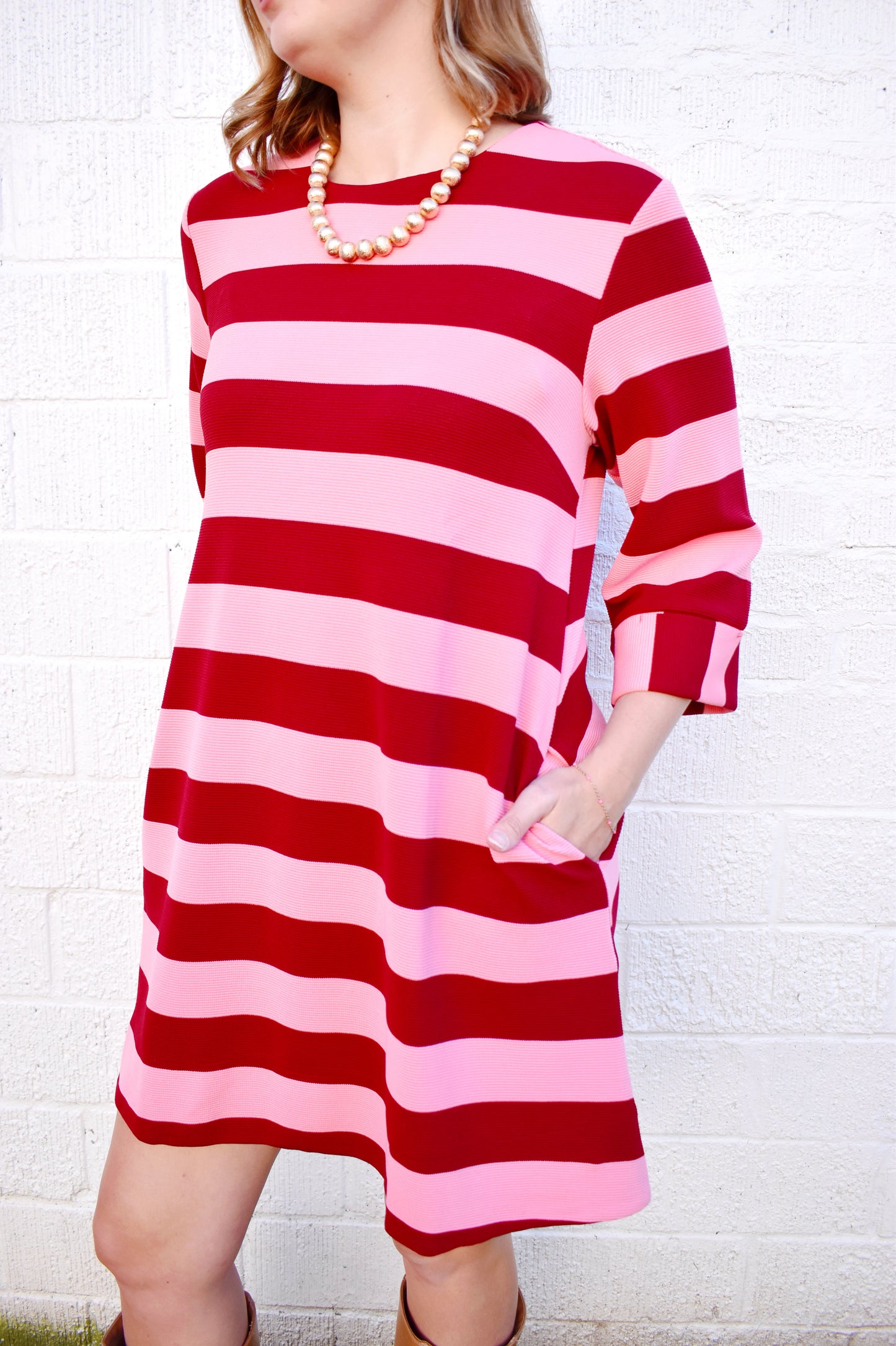 Burgundy Pink Striped Cuff Sleeve Dress