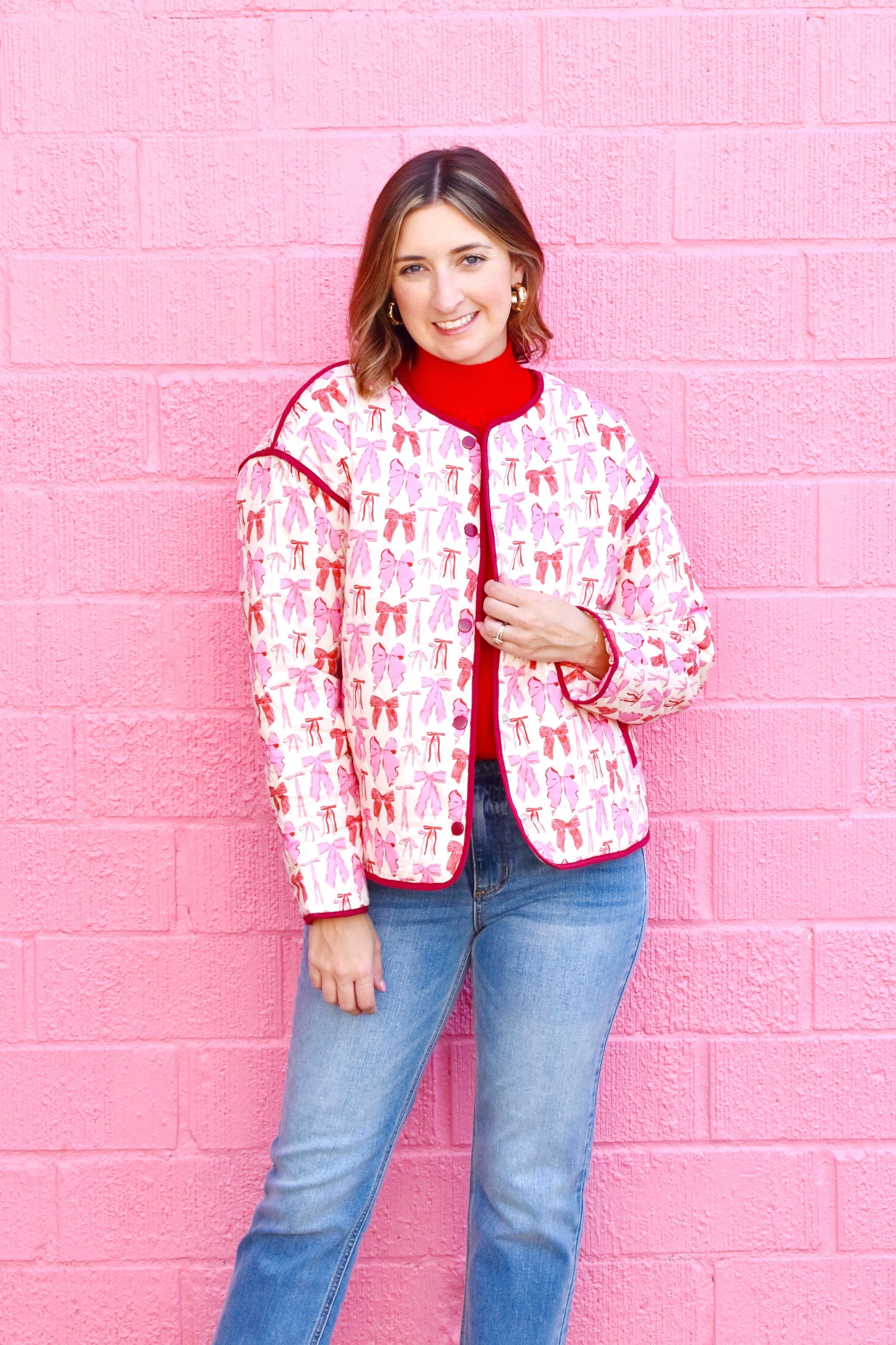 Pink Multi Bow Printed Quilted Jacket