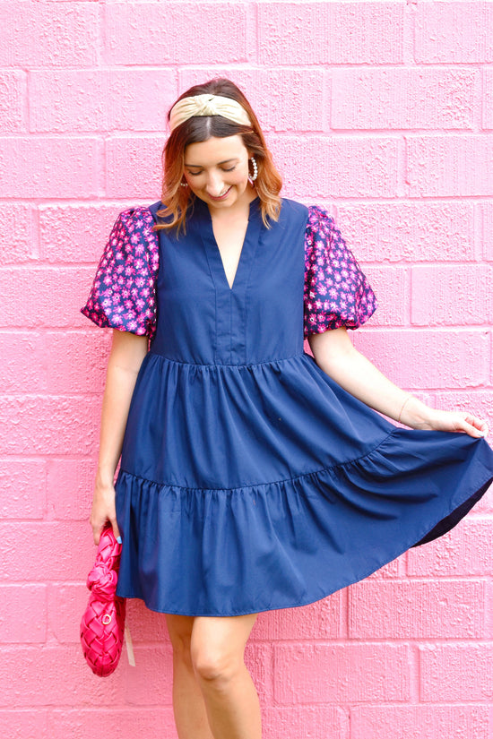 Navy Fuchsia Jacquard Sleeve Dress