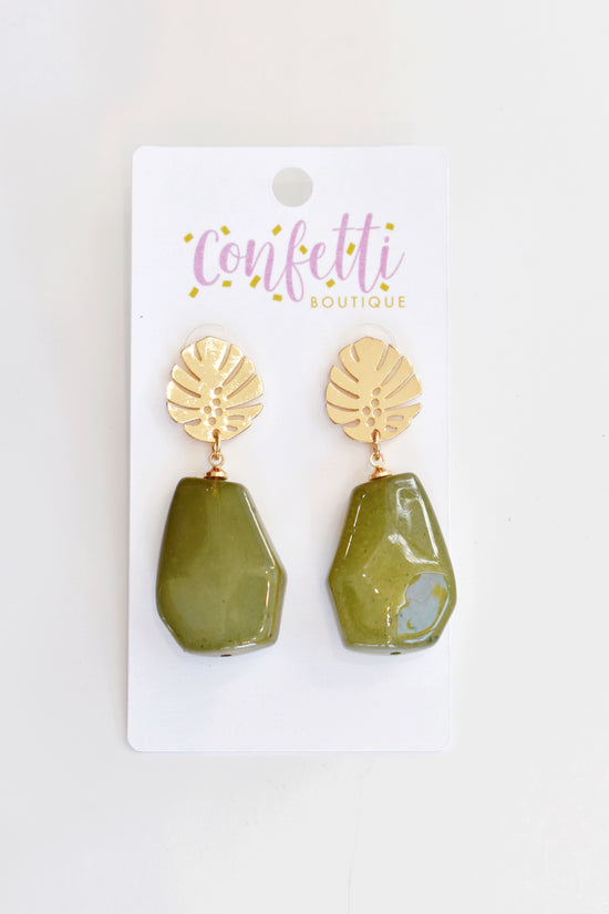 Geo Leaf Green Stone Earrings