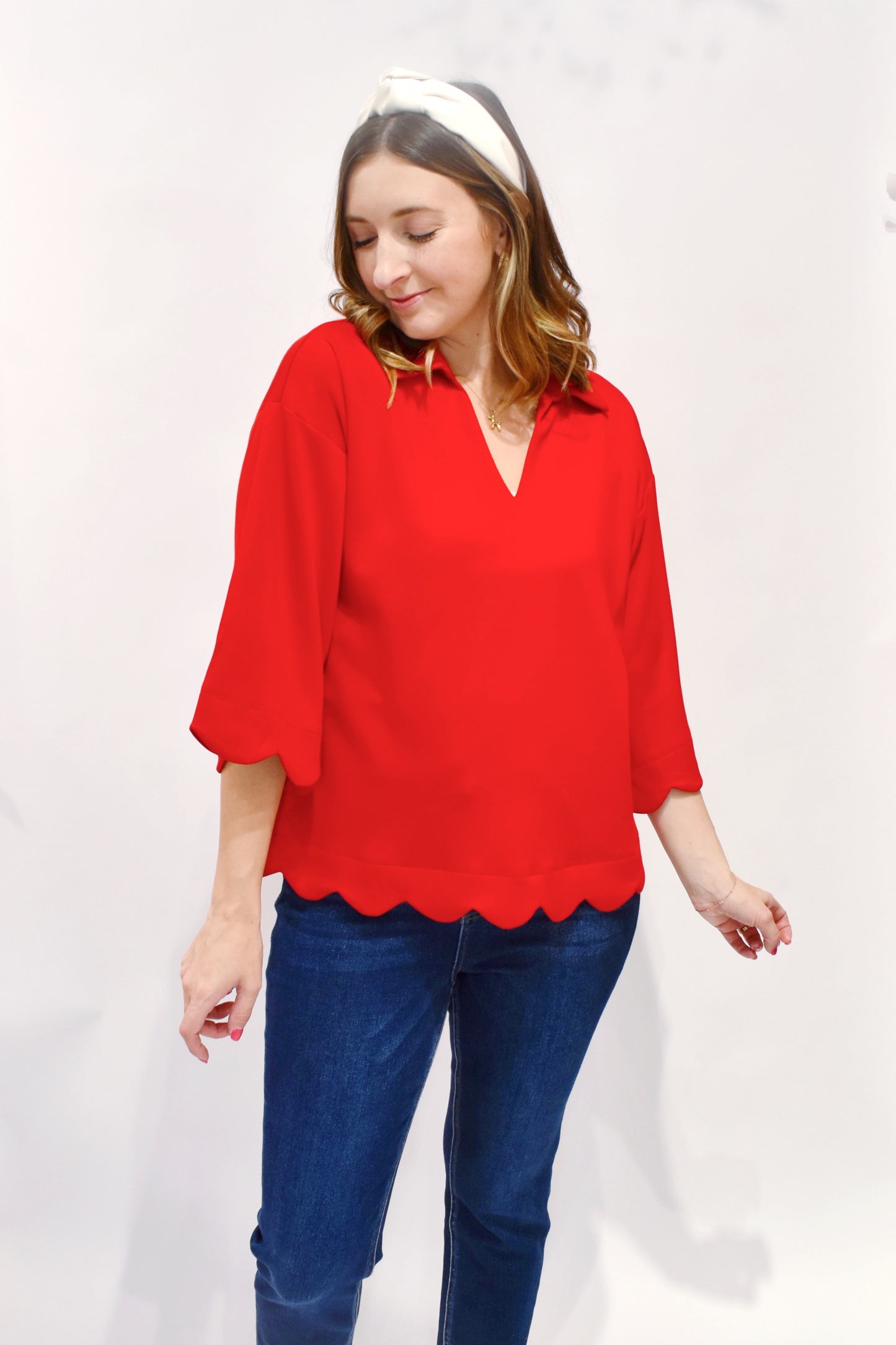 Red Scallop Hem Top