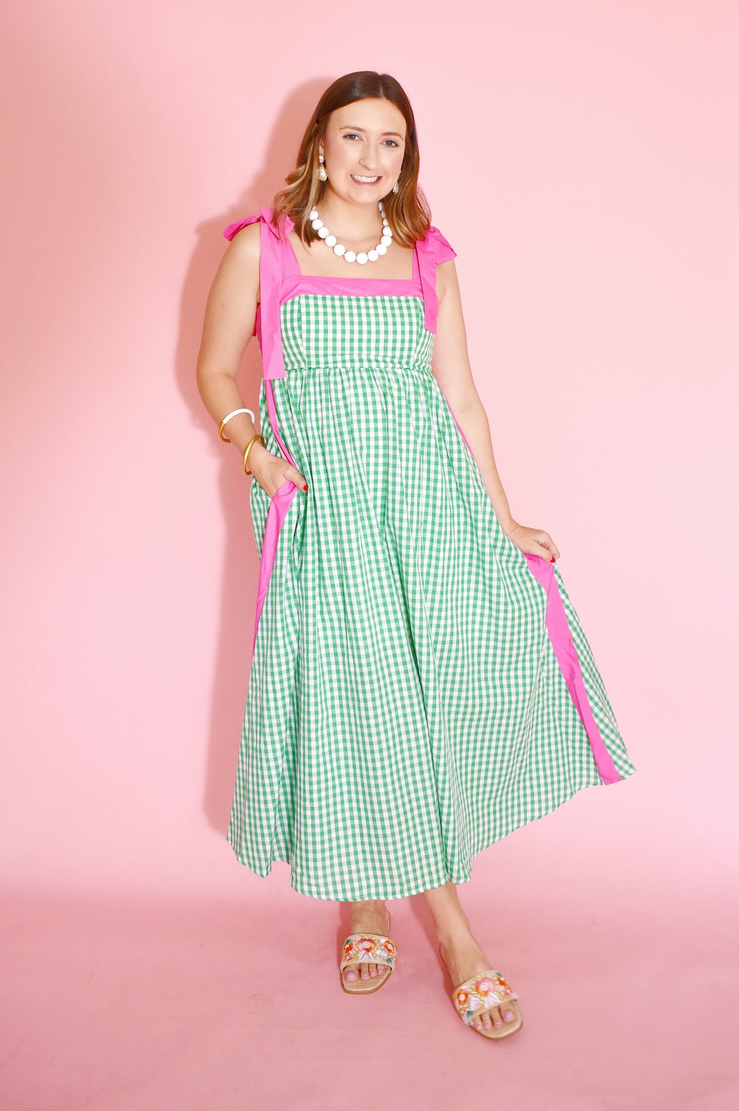 Green Gingham Pink Contrast Tie Strap Midi Dress