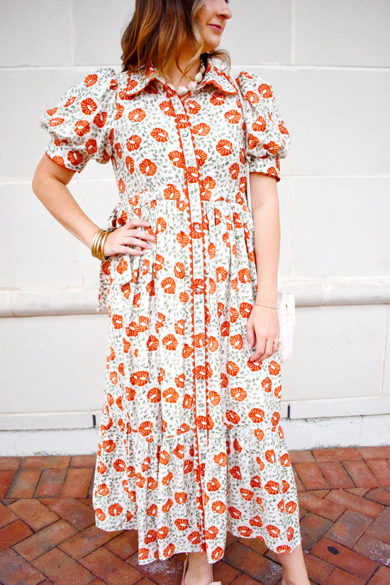 Rust Floral Button Down Midi Dress
