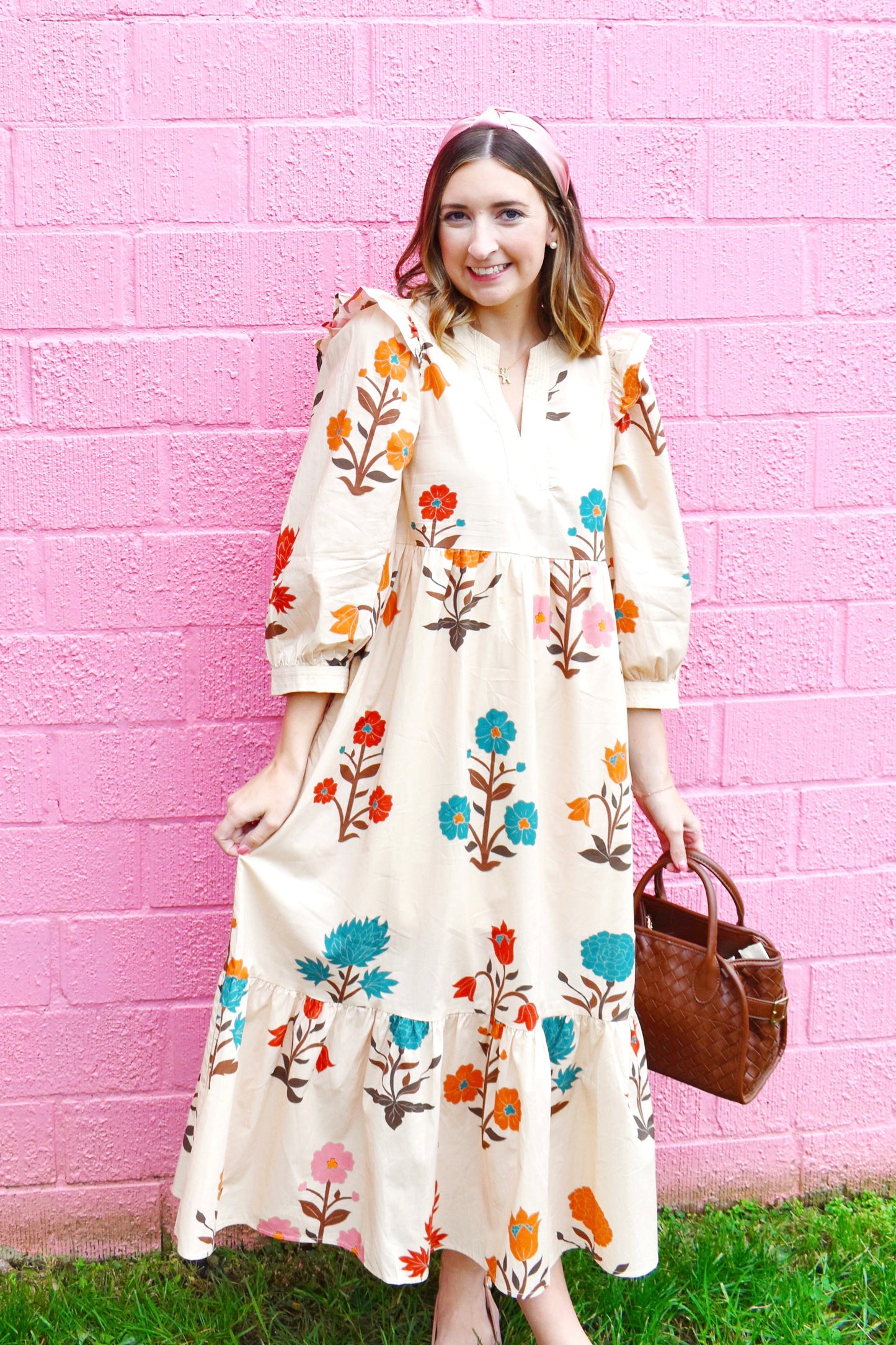 Fall Multi Floral Ruffle Detail Midi Dress